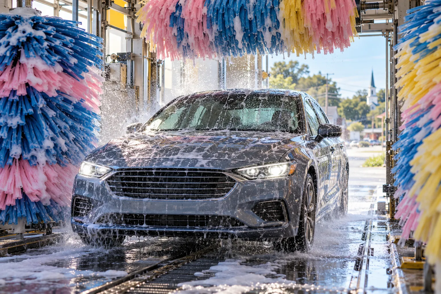 Sedan rolling through an automatic tunnel car wash with colorful foam